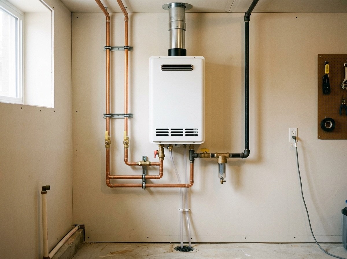 Tankless water heater with neatly routed lines on a utility room wall